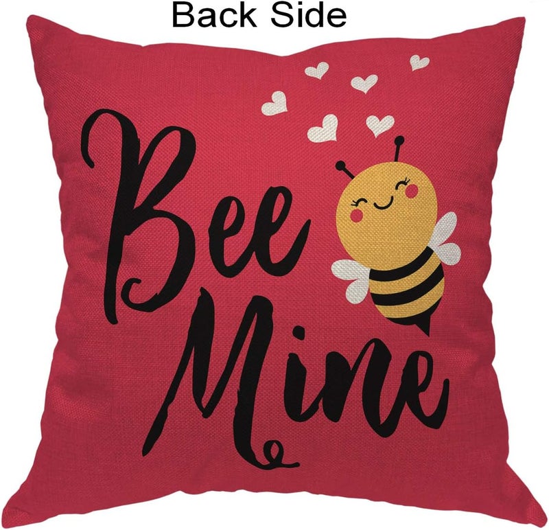 Moslion Love Bee Pillow Cover Cute Cartoon Animal with Quote Bee Mine Heart for Valentine's Day Throw Pillow Cover 18x18 Inch Cotton Linen Decorative Square Cushion for Sofa Bed Red - Image 2
